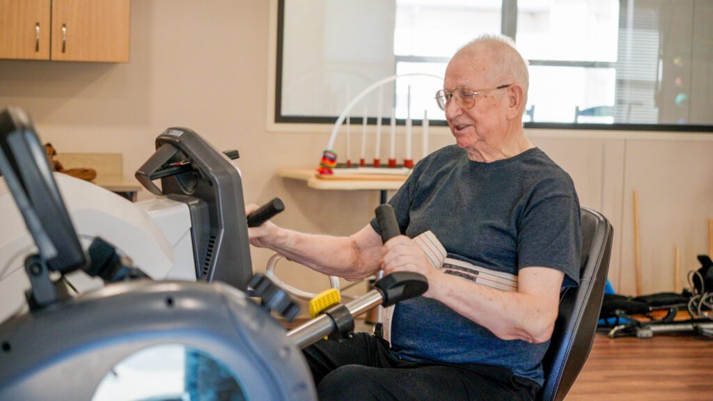 A man uses a physical therapy center at a short term care facility